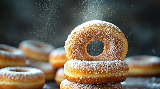 Delicious powdered donuts stacked with a sprinkle of sugar