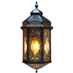 Ornate hanging lantern with candlelight.  Intricate black metalwork design, showcasing detailed patterns