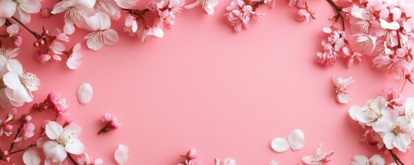 Pink background with cherry blossom flowers around edges and delicate petals scattered