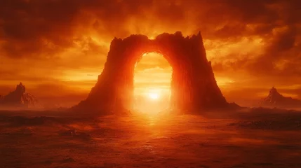 Fototapete Vibrant sunset casts golden hues over a fantasy desert landscape revealing a mystical gate to another world © lublubachka