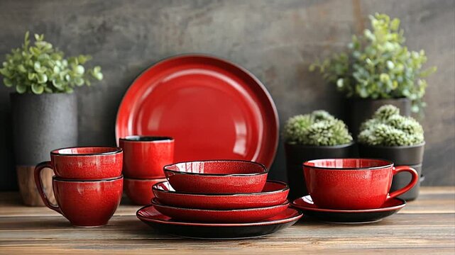 Elegant red dinnerware set arranged on a rustic wooden table with greenery