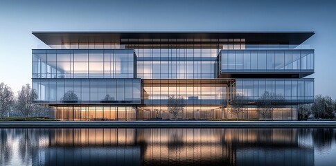 Modern Glass Office Building at Dusk with Water Reflection