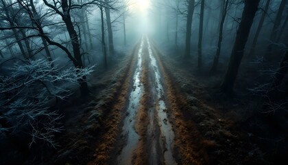Obraz premium A dirt road in the middle of a forest with sunbeams shining through the trees on a foggy day