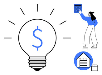 Woman pointing at calculator, lightbulb with dollar sign, warehouse icon. Ideal for finance, budgeting, investment, savings, economics debt management or entrepreneurship. Flat simple metaphor