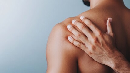 Fototapeta premium Gentle Touch of a Hand on a Skin in Soft Light Against a Blue Background