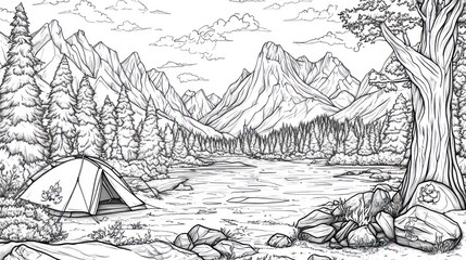 Fototapeta premium Line art camping scene mountains