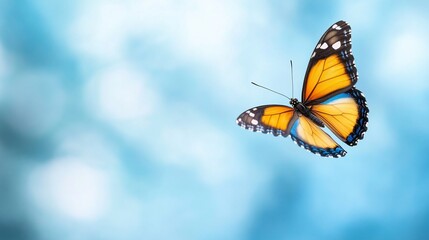 Fototapeta premium Orange butterfly in flight, blue bokeh background