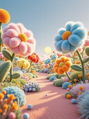 Surreal scene of Vibrant fluffy flowers in pink, blue, orange colors along pink path. Sun shining in sky above whimsical flower field scene.