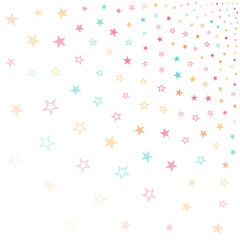 Colorful stars in pink, blue, and orange create a whimsical, scattered pattern against a bright white background.