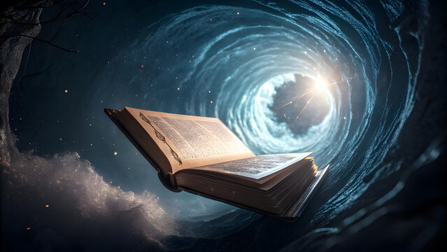 Glowing Book in Time Tunnel Recording Reincarnation. Perfect for: Spirituality, Reincarnation, Akashic Records
