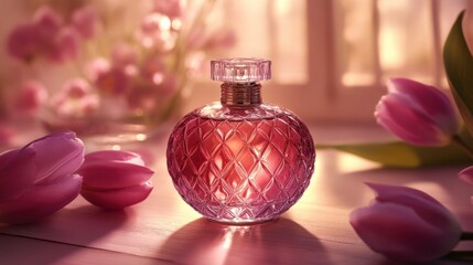 Elegant Pink Perfume Bottle Surrounded by Fresh Tulips in Soft Light