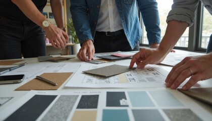 Collaborative design meeting with hands reviewing material samples and sketches