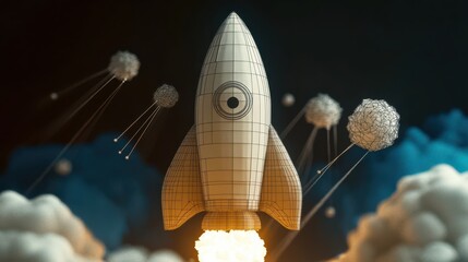 A wireframe model of a rocket, surrounded by stylized clouds and abstract elements, represents the concept of innovation in aerospace and the future of space exploration.