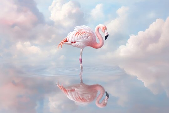 A surreal oil painting features a flamingo gracefully poised on one leg above a rippling sky. Soft pastel clouds create a dreamlike landscape filled with whimsical reflections
