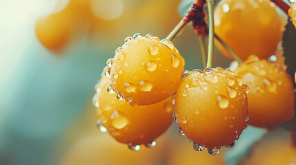 Yellow cherries with water drops. 