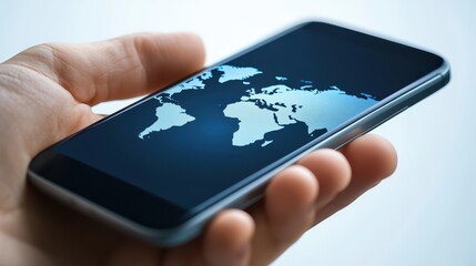 Global connectivity, hand holding cell phone displaying world map