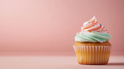 Pastel cupcake with frosting swirls and sprinkles