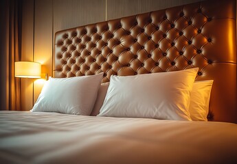 Elegant Hotel Bedroom with Leather Tufted Headboard with Cushions
