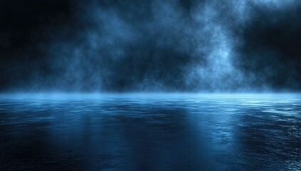 Dark, misty, blue scene, reflecting surface