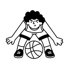Basketball player in defence stance, doodle character illustration

