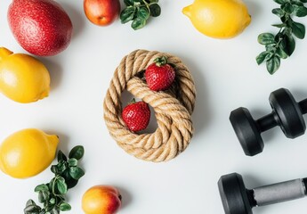 Healthy lifestyle concept with fruits, rope, and dumbbells