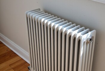 A modern white radiator installed in a bright room with wooden flooring