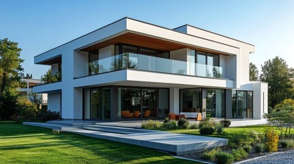 Fototapeta premium A stunning contemporary house with large glass windows and sleek design stands amidst a vibrant lawn. The evening sun casts a warm glow, emphasizing the harmony of nature and modern living