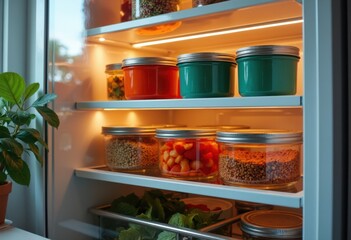 Colorful jars filled with fresh ingredients neatly organized in a refrigerator