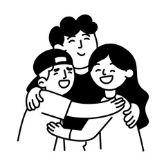Team players sharing a group hug, doodle style illustration
