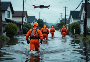Emergency responders in orange suits navigate a flooded street with a drone