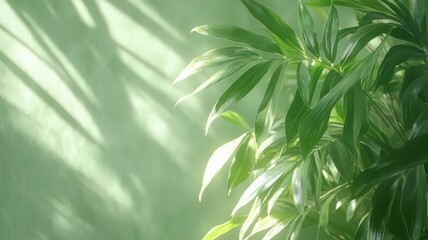 Obraz premium Lush Green Foliage Illuminated by Soft Light Against a Pale Green Wall