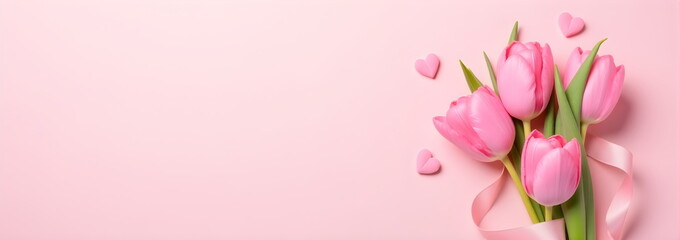 Fototapeta premium white pink tulips with decorative hearts on soft pink background. trendy, concept women's day, march, 8th . Wallpaper background. Flat lay, top view, copy space, spring, summer, 