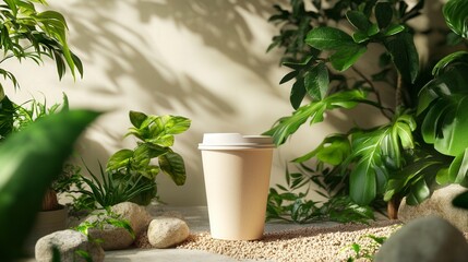 Takeaway coffee cup mockup with leaves background