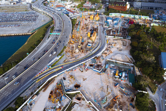 Aerial view of highway and construction site, Singapore City