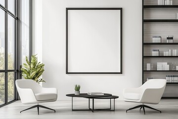 Modern minimalist waiting area with large blank frame