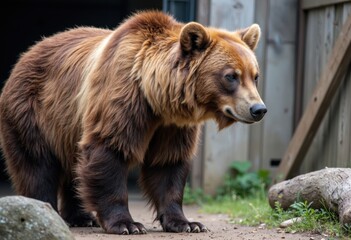 Obraz premium A majestic brown bear standing on a path surrounded by rocks and greenery