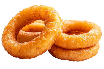 Close up of golden brown onion rings isolated on transparent background