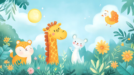 Colorful illustration of a cheerful giraffe, playful animals, and bright flowers in a sunny lush landscape