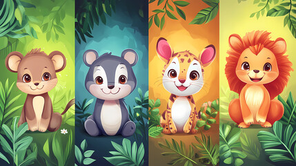 Fototapeta premium Colorful cartoon animals in a vibrant jungle setting, showcasing playful expressions among foliage