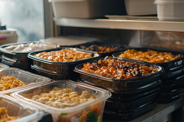 Obraz premium Delicious prepared meals in black plastic containers ready to serve eat food home tasty lunch tasty