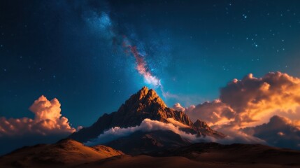 Naklejka premium Majestic Mountain Peak Under Starry Sky and Vibrant Clouds at Dusk