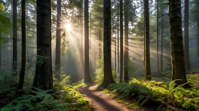 morning in the forest, A peaceful morning in a misty forest with sun rays breaking through the tall trees, illuminating a narrow path