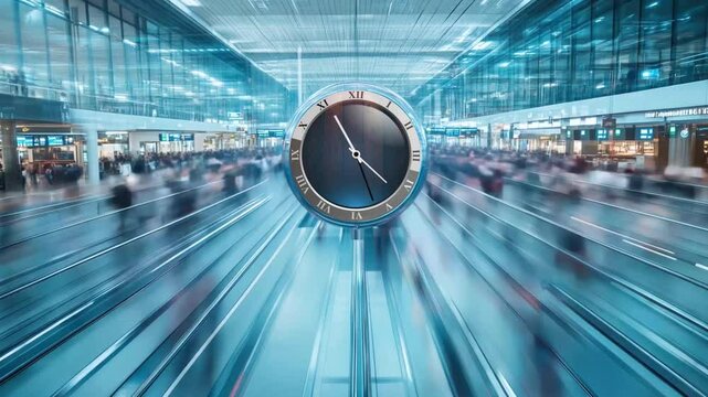 Hyperlapse, slow zoom in on the clock. Time is passing. A busy airport with people rushing around, they are moving so fast they are blurred. 