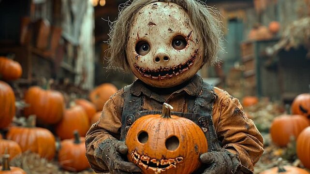 Spooky doll holding a carved pumpkin in a Halloween-themed setting