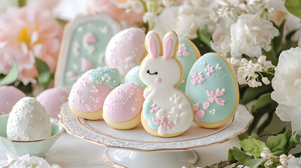 Fototapeta premium Sweet and colorful Easter cookies shaped like bunnies and eggs, decorated with bright icing and sprinkles, placed on a joyful holiday table with fresh flowers and spring decorations.
