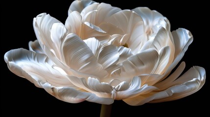 Detailed close-up of a delicate cream-colored tulip against a black background
