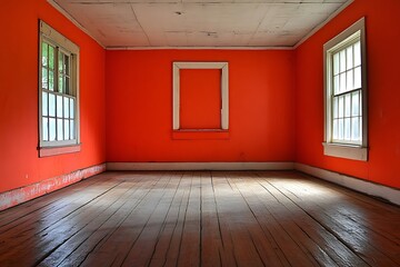 Empty Room with Orange Walls and Wooden Floor