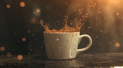 A high-energy image capturing the moment of coffee splashing out of a white cup, illustrating the vibrant joy and excitement associated with this beloved beverage.