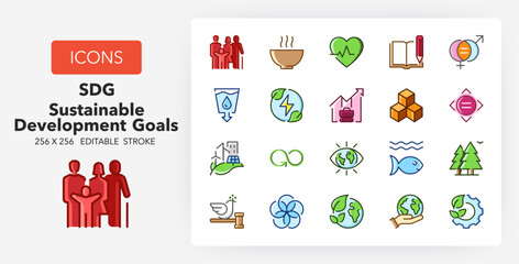 Line icons about sustainable development goals. Contains such icons as social governance, no poverty, gender equality and more. 256x256 Pixel Perfect editable in colors