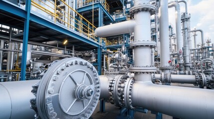 A complex network of pipelines and valves inside a petrochemical refinery.